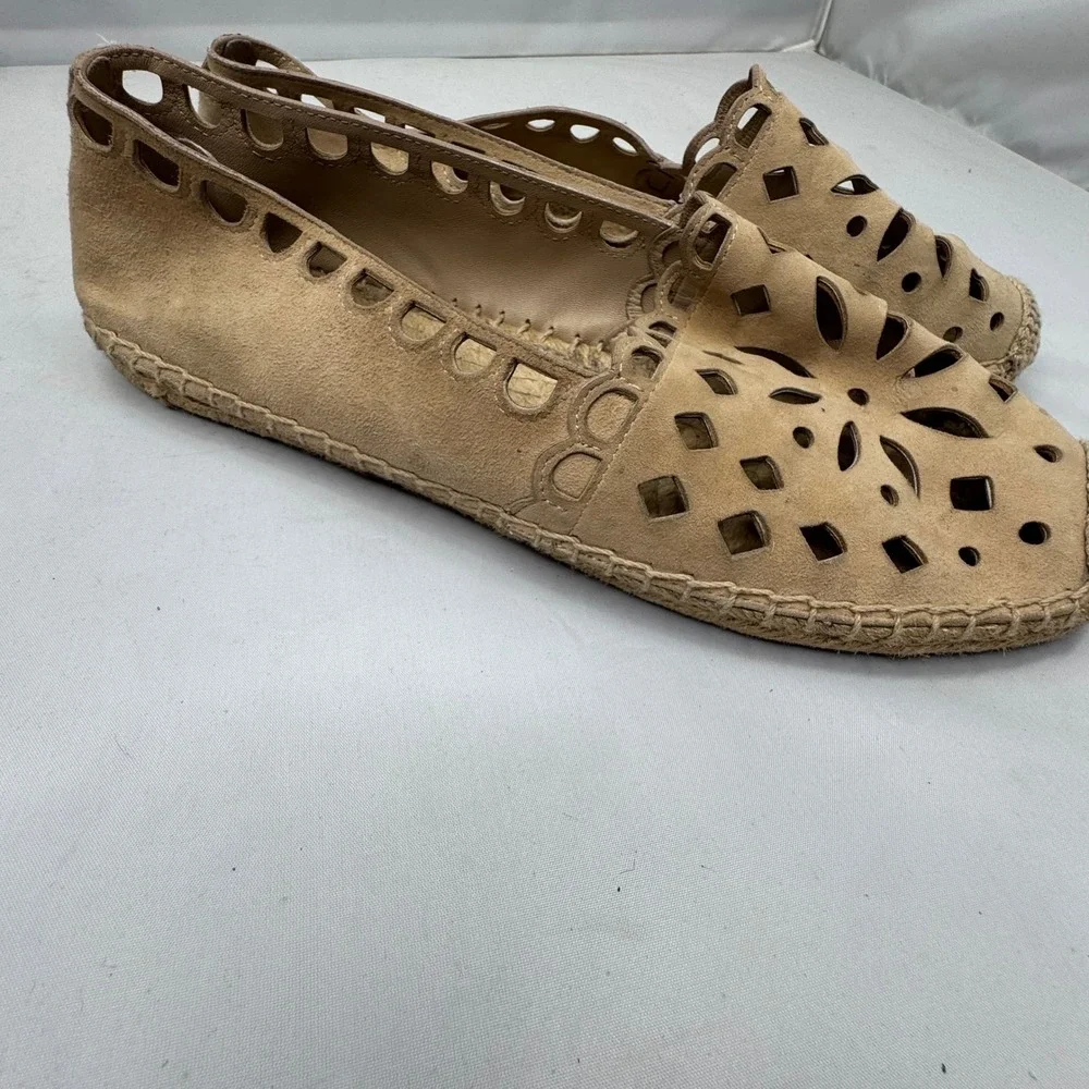 Tory Burch Espadrille Flats Women 8 Tan Laser Cut Suede Boho Summer Chic‎